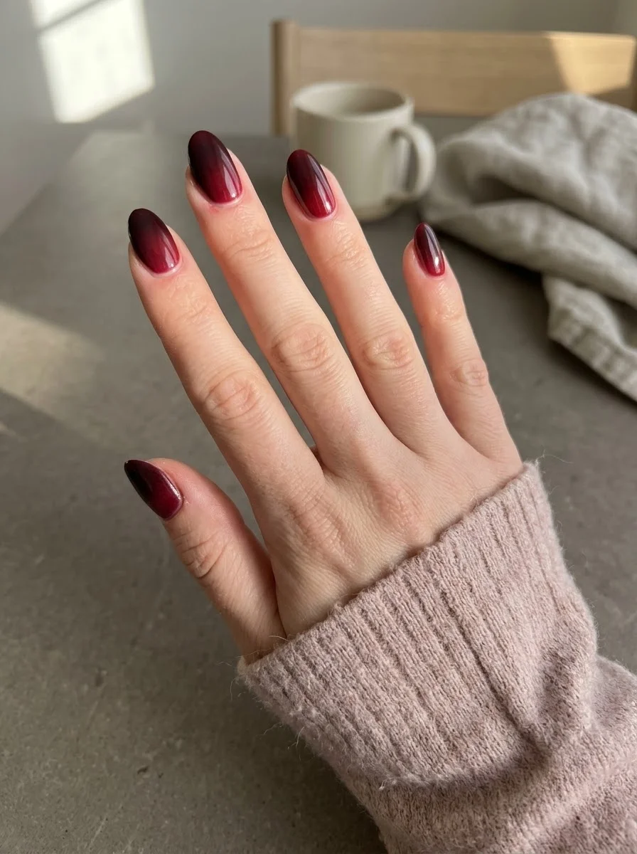 Smoky Burgundy Ombre Nails - Soft gradient from deep wine into sheer rosy base on almond nails