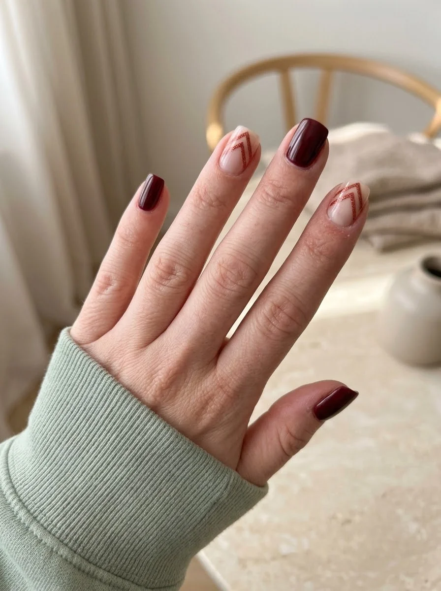 Burgundy Nails with Geometric Glitter Accents - Glossy burgundy nails with nude accent nails featuring sharp geometric lines