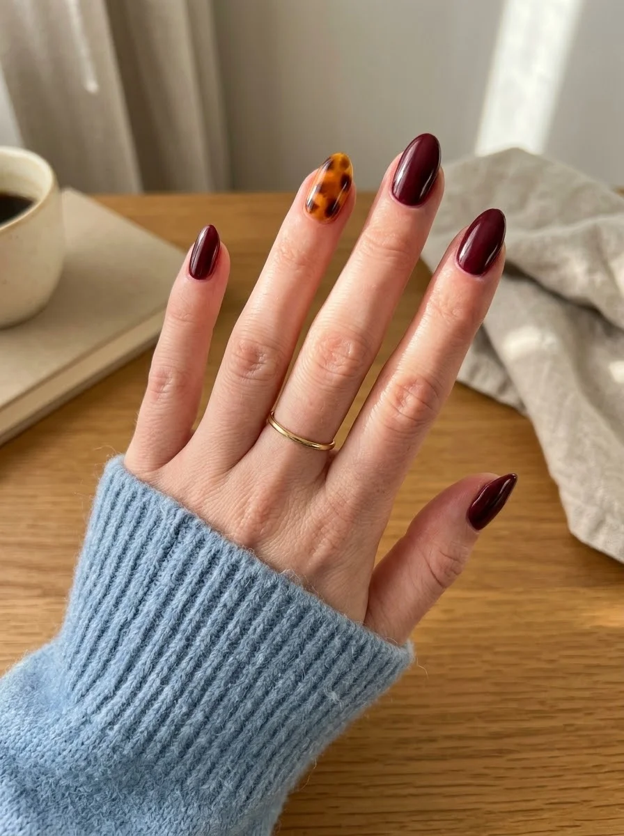 Burgundy Almond Nails with Tortoiseshell Accent - Rich wine almond nails with warm tortoiseshell accent
