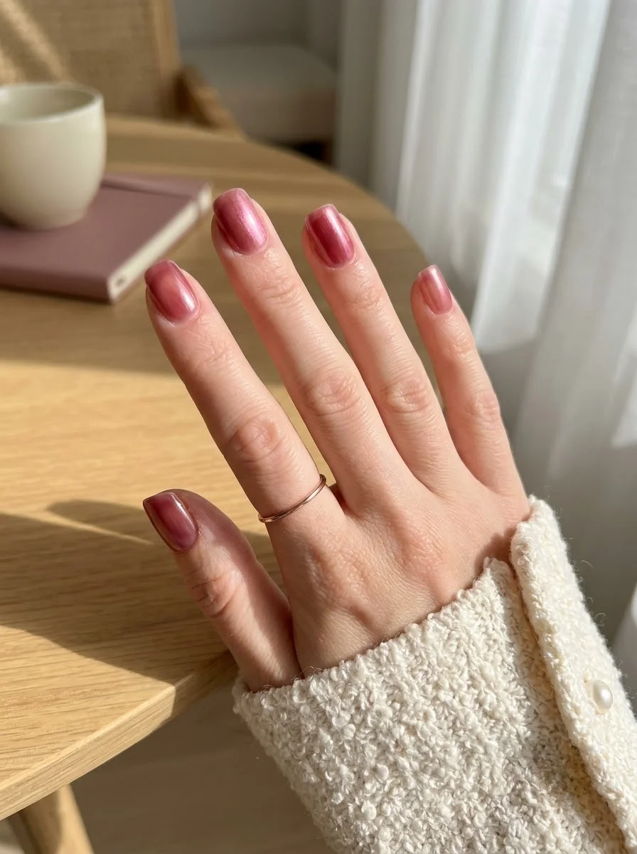 Soft Berry Glazed Nails - Muted berry-pink polish with a glossy glazed chrome sheen