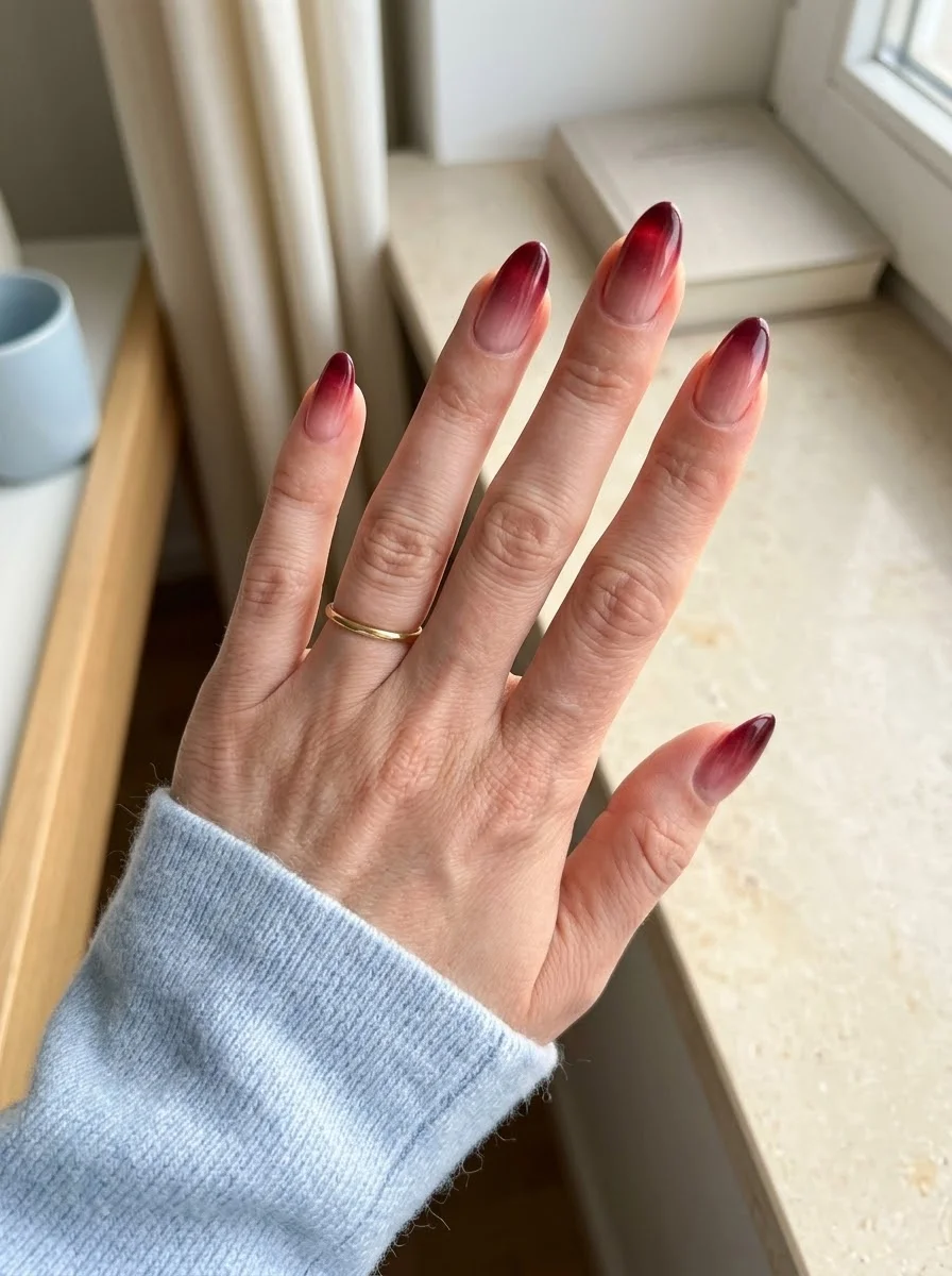 Burgundy Ombre French Fade Nails - Nude base softly fading into deep wine burgundy tips