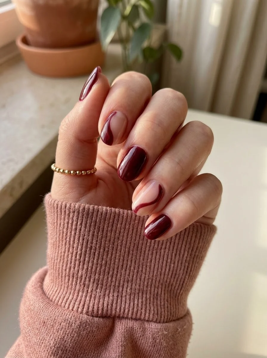 Burgundy Abstract Swirl Accent Nails - Glossy burgundy nails with flowing burgundy swirls on nude accent nails
