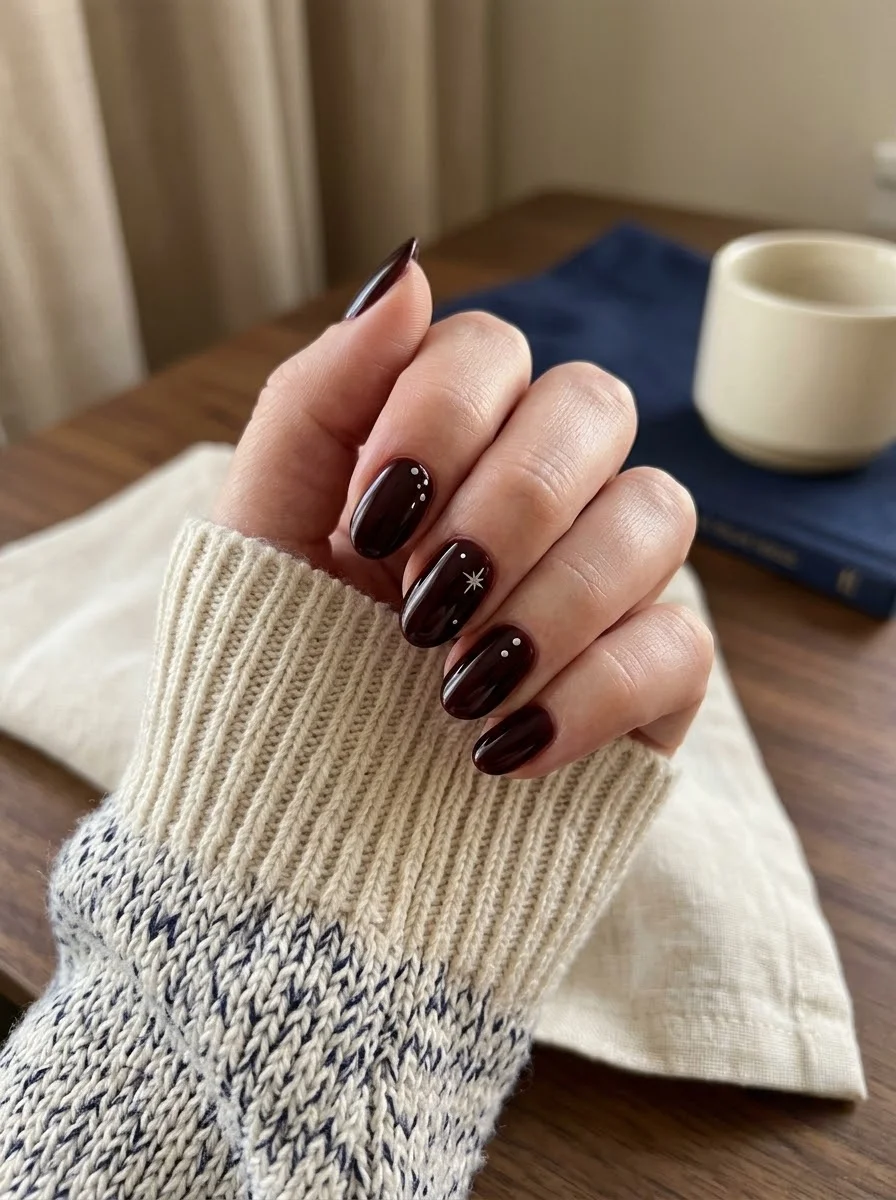 Deep Burgundy Celestial Accent Nails - Deep burgundy nails with white star and dot celestial details