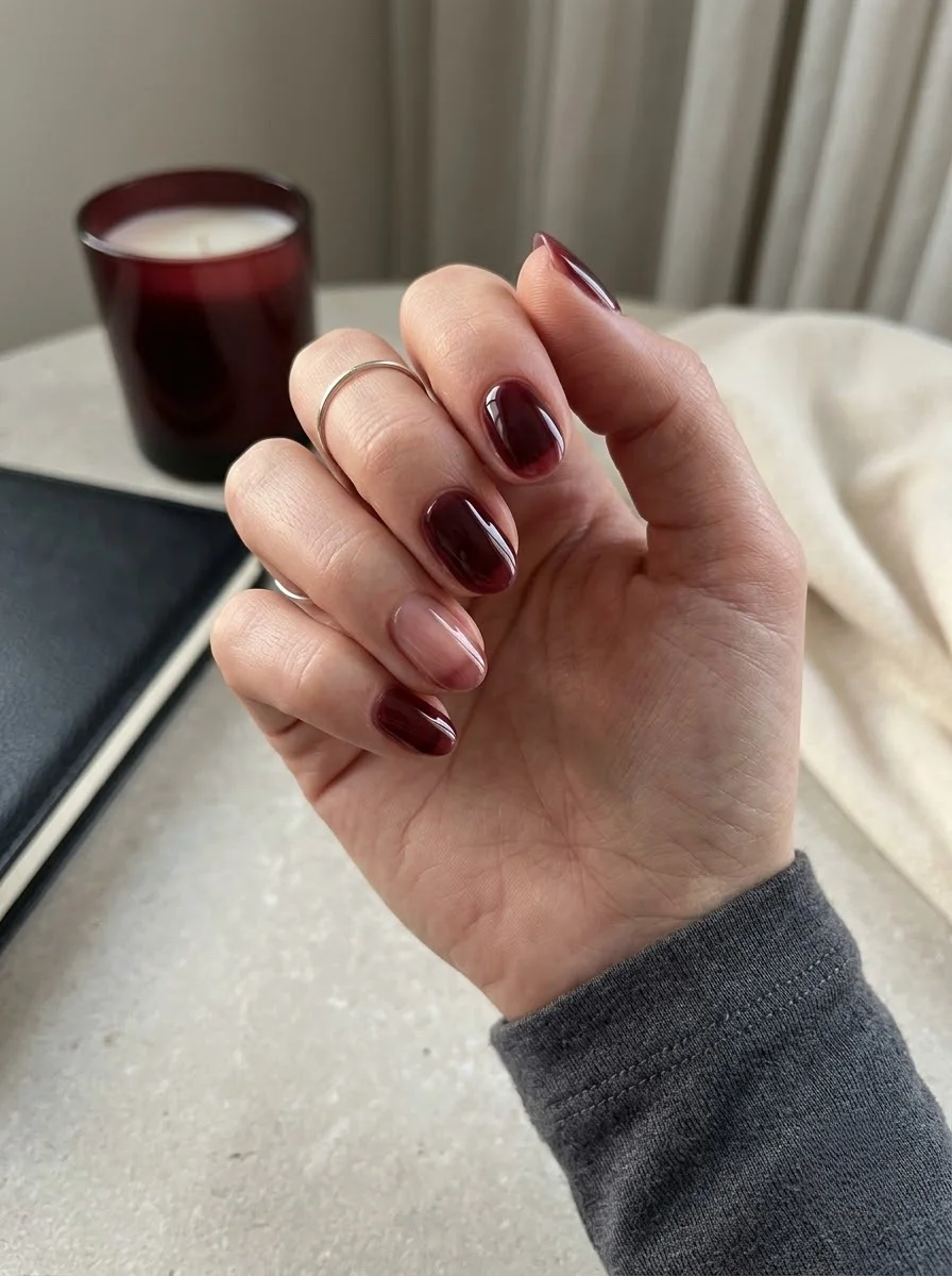 Minimal Burgundy Accent Nails - Glossy burgundy nails with a single sheer nude accent nail