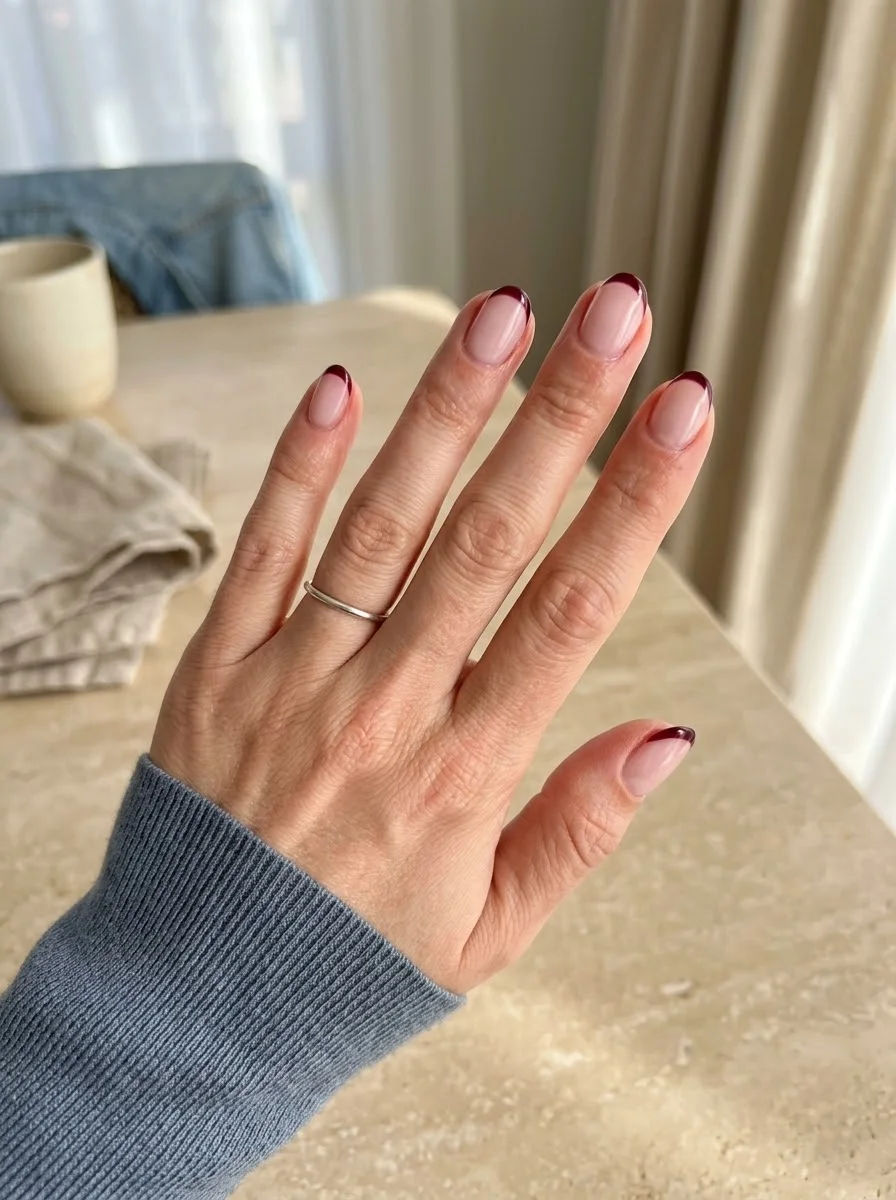 Short Burgundy French Tip Nails - Natural pink-nude base with crisp, slim burgundy French tips on short nails