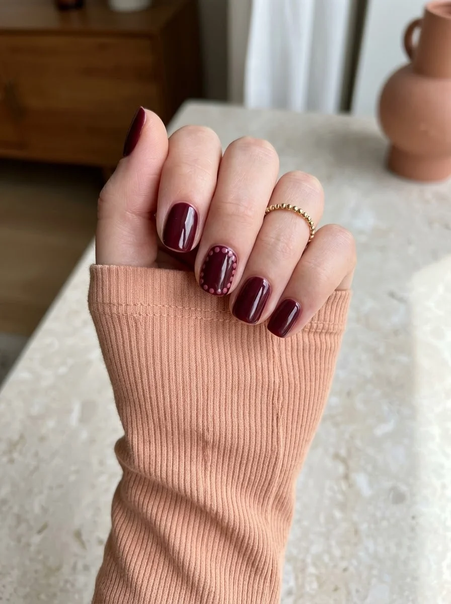 Burgundy Dot Border Accent Nails - Glossy burgundy nails with blush-pink dot border accent