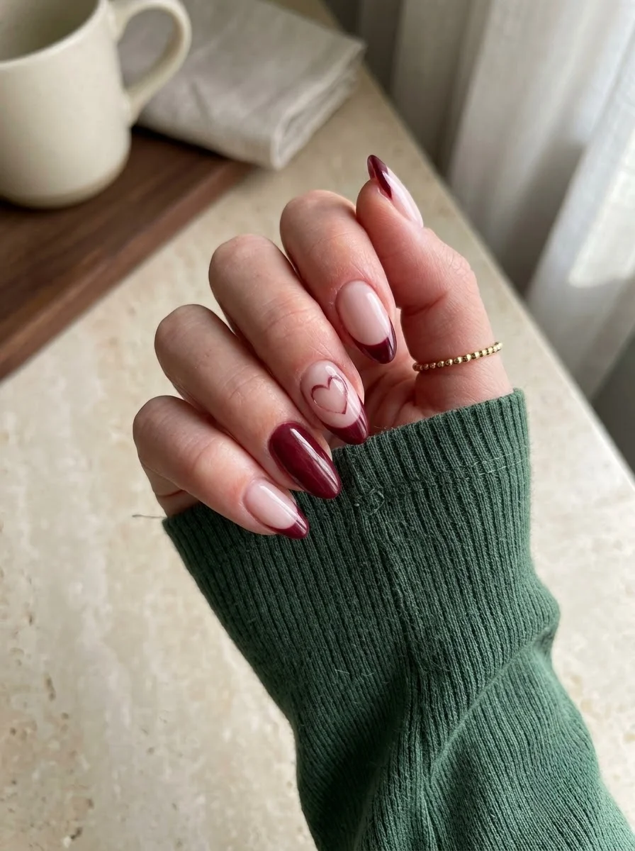 Burgundy French Tips with Heart Accent - Glossy wine-red nails and French tips with a tiny outlined heart