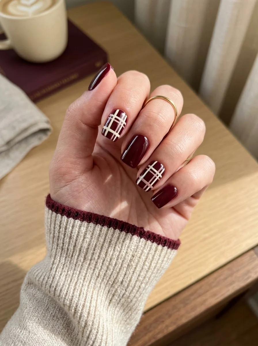 Burgundy Plaid Accent Nails - Glossy burgundy nails with cream plaid line pattern on accent nails