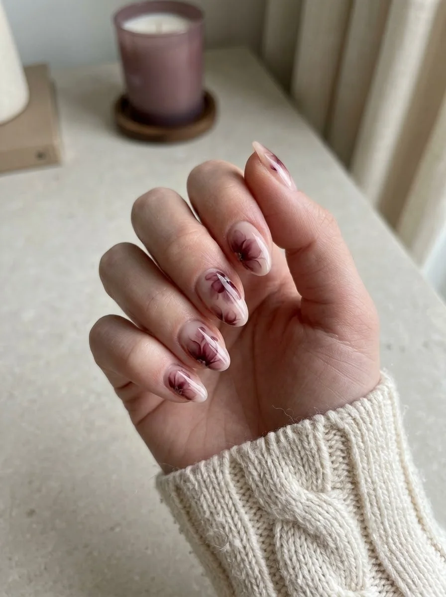 Burgundy Sheer Floral Wash Nails - Sheer nude base with blurred burgundy floral watercolor details