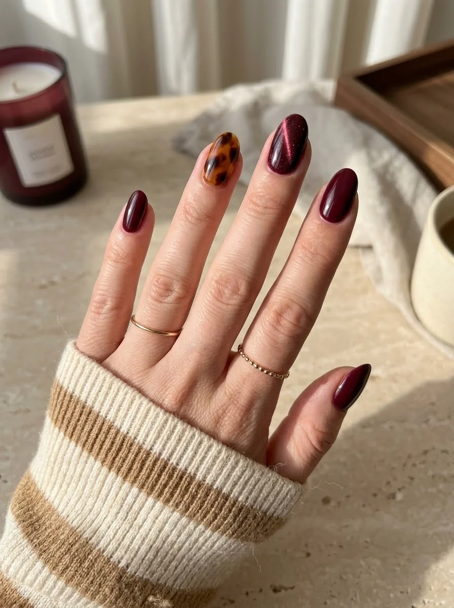 Burgundy Nails with Tortoiseshell Accent - Glossy wine nails with a warm tortoiseshell accent nail