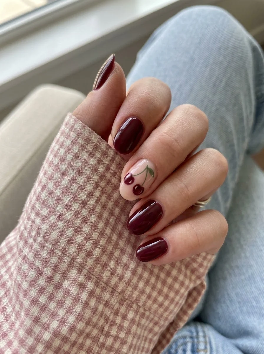 Burgundy Cherry Accent Nails - Rich burgundy polish paired with cute cherry accent nail art