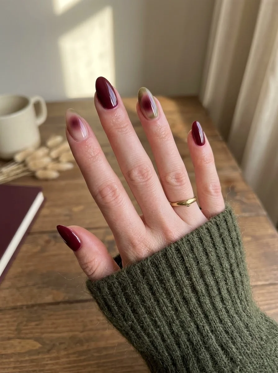 Burgundy and Olive Aura Nails - Burgundy nails with airbrushed aura blend of wine and muted olive tones