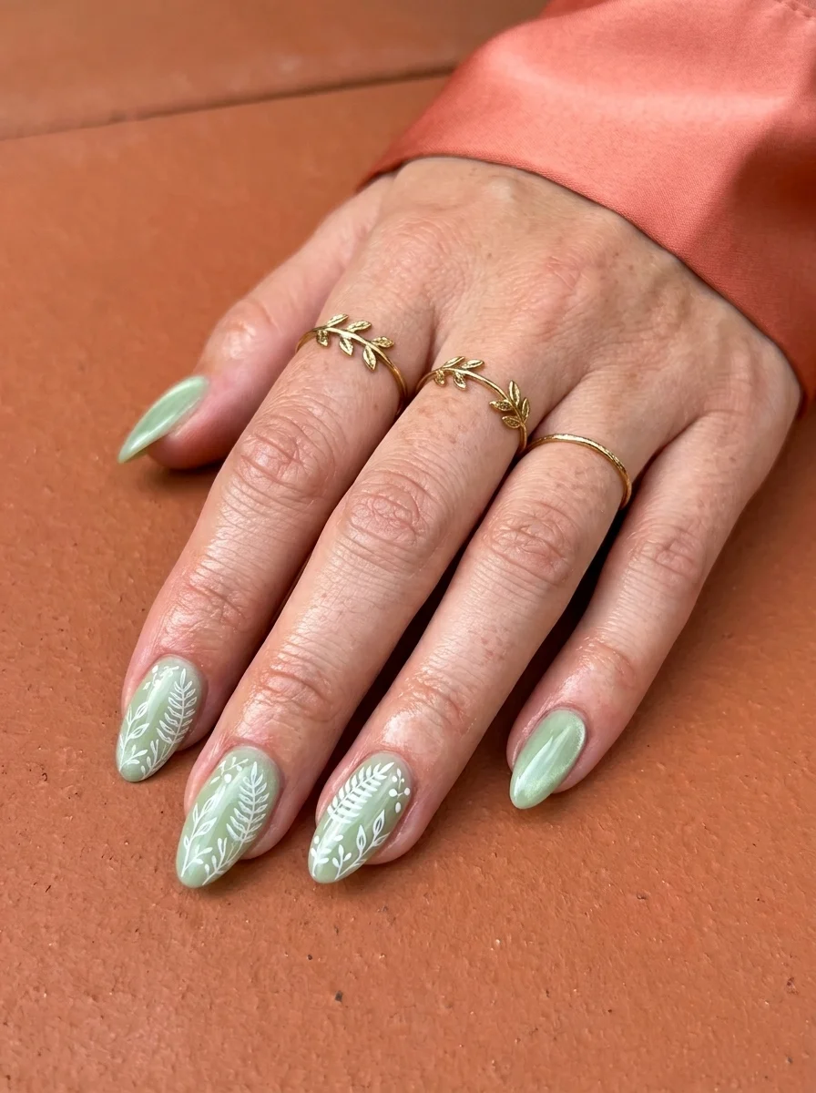 Almond nails with sage green cat-eye polish and white botanical leaf designs on accent nails.