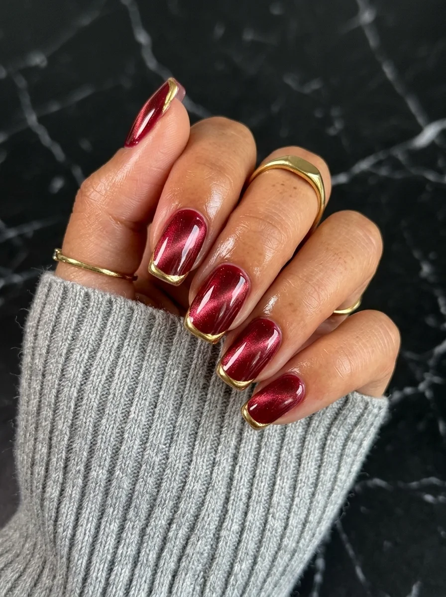 Almond nails with deep red cat-eye polish and gold metallic French tips on each nail.