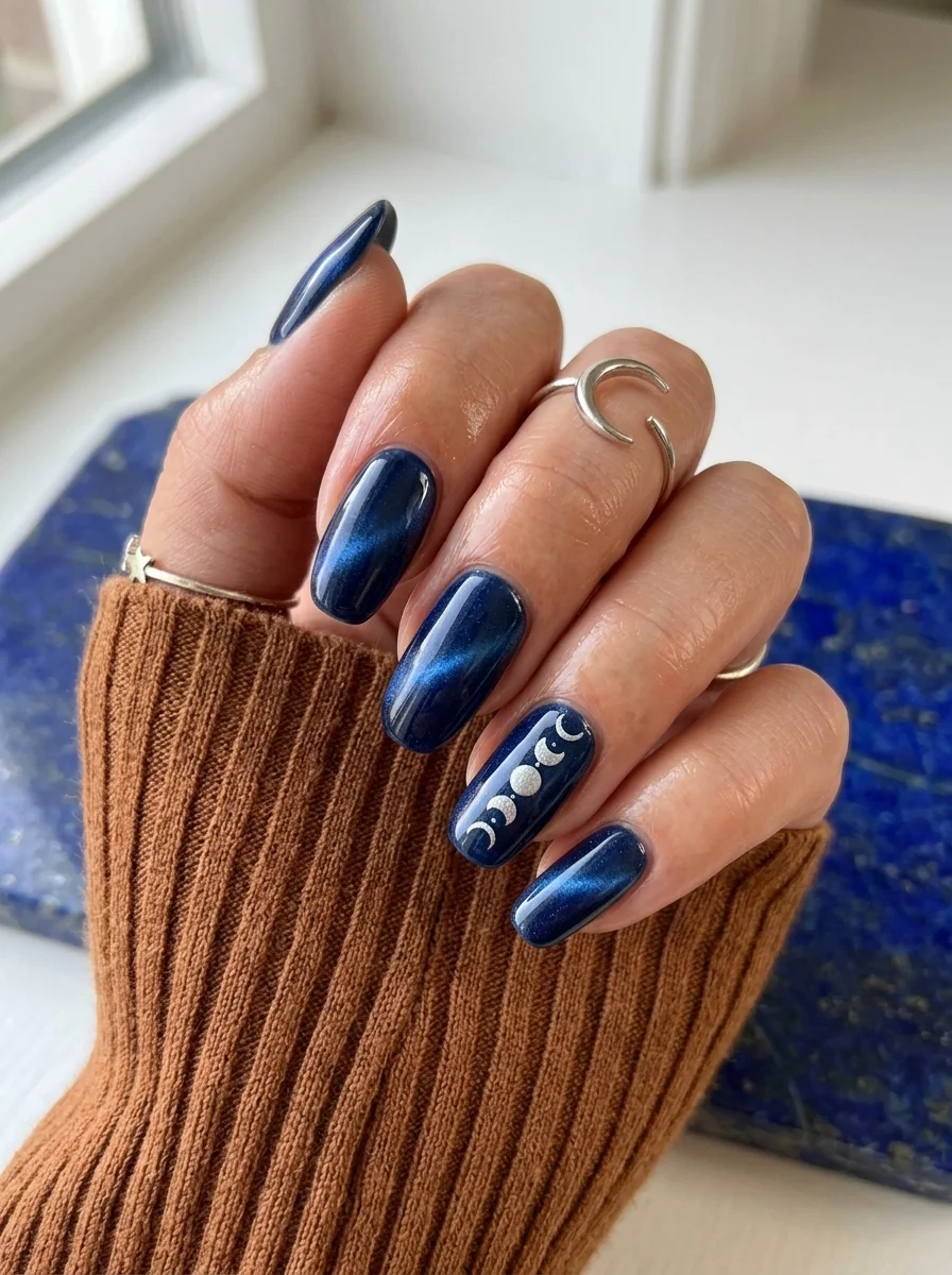 Almond nails with deep navy blue cat-eye polish and silver moon phase designs on accent nails.