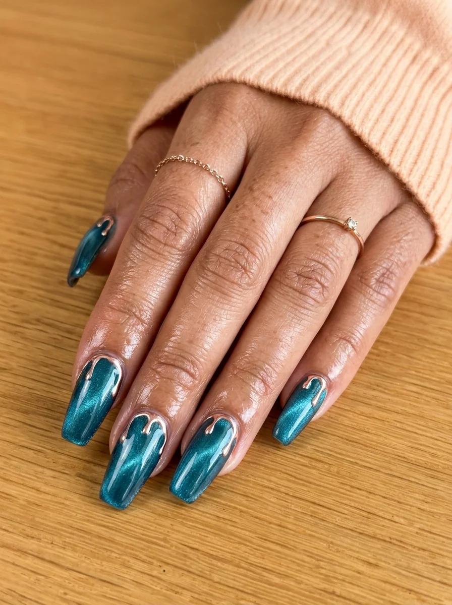 Long coffin nails with deep teal cat-eye polish and rose gold metallic drip accents on the ring finger and thumb.