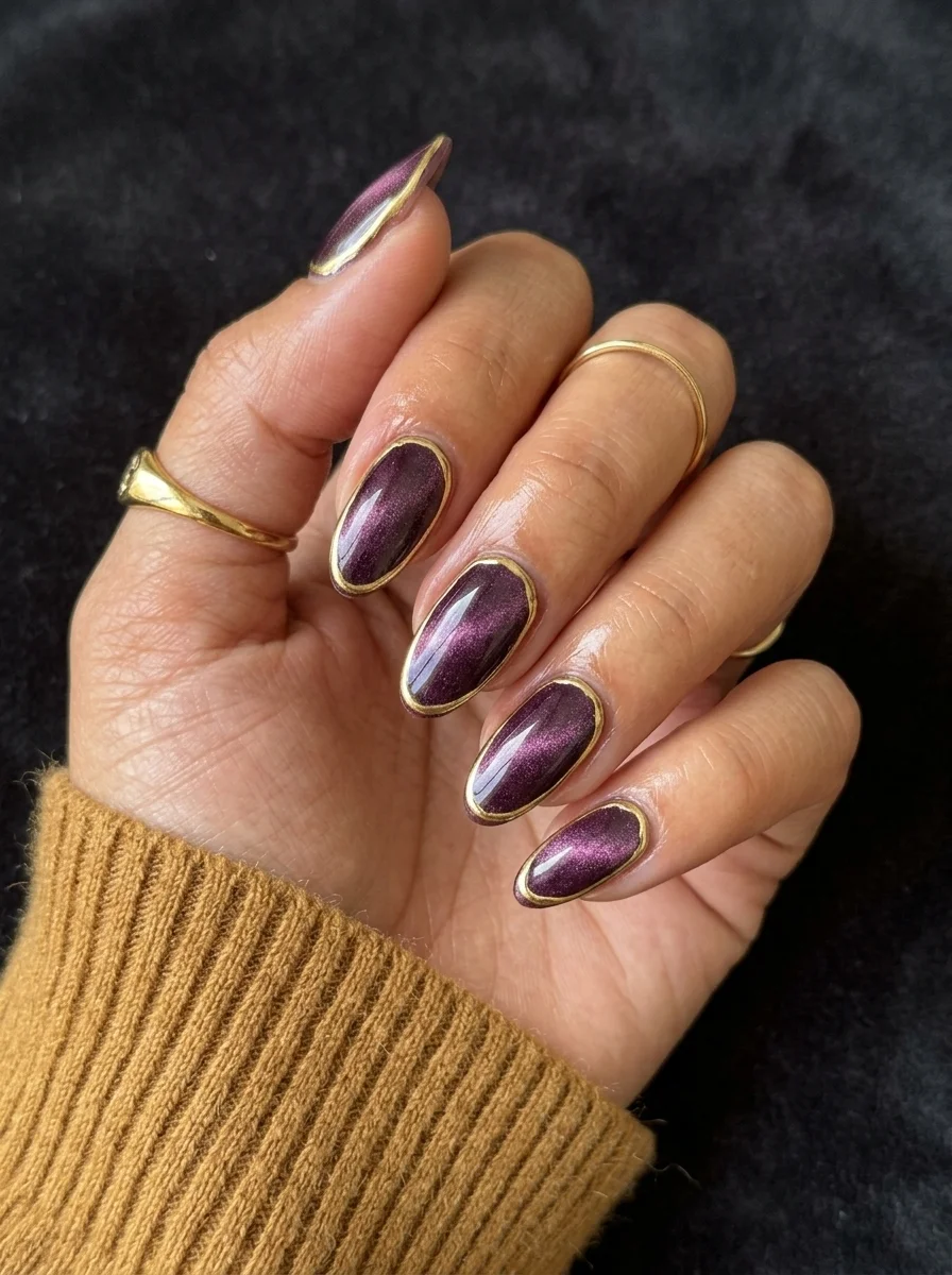 Almond nails with deep purple cat-eye polish outlined with thin gold metallic lines around the edges.