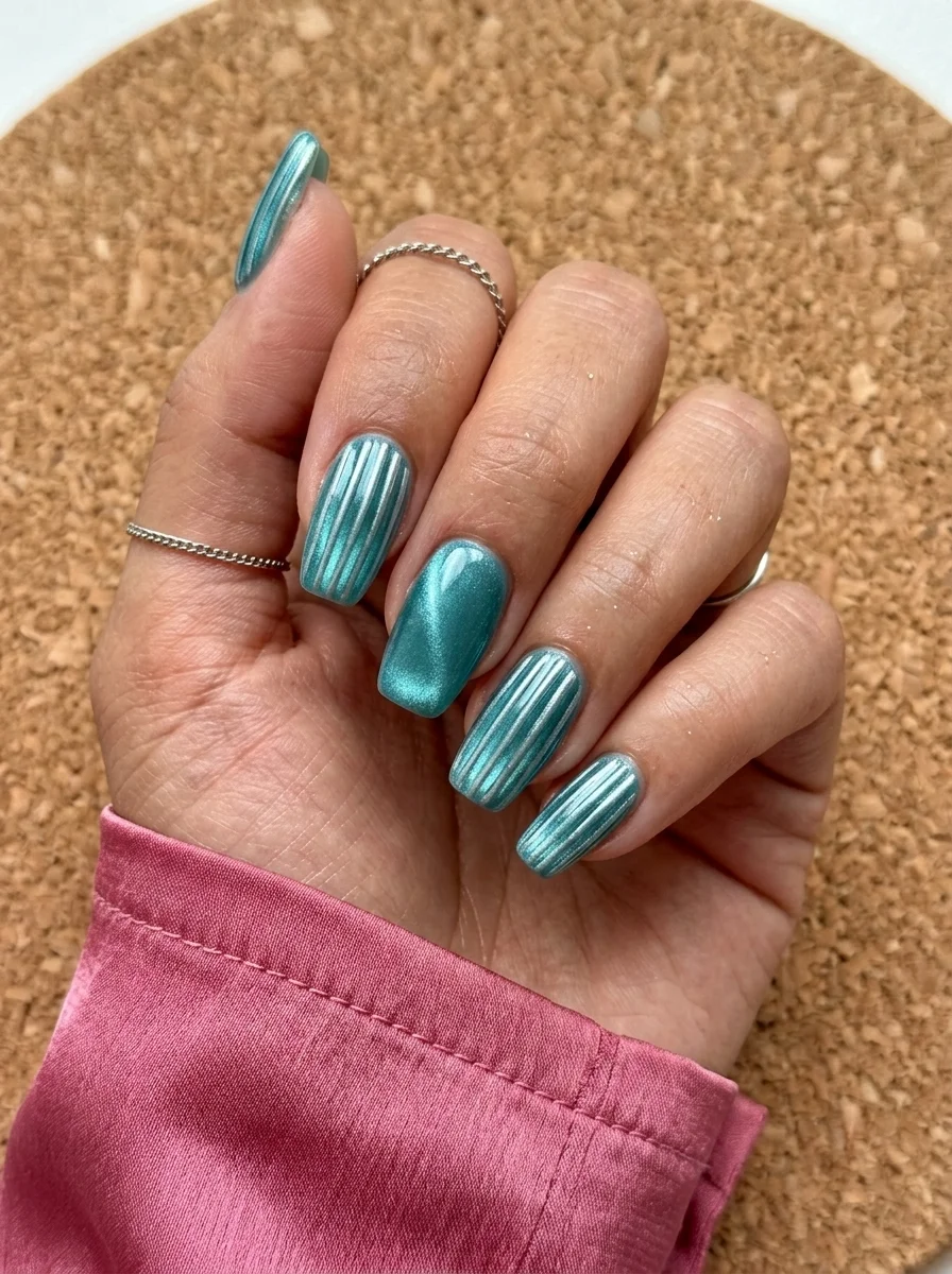 Coffin nails with teal chrome finish and raised silver vertical stripe textures on accent nails.