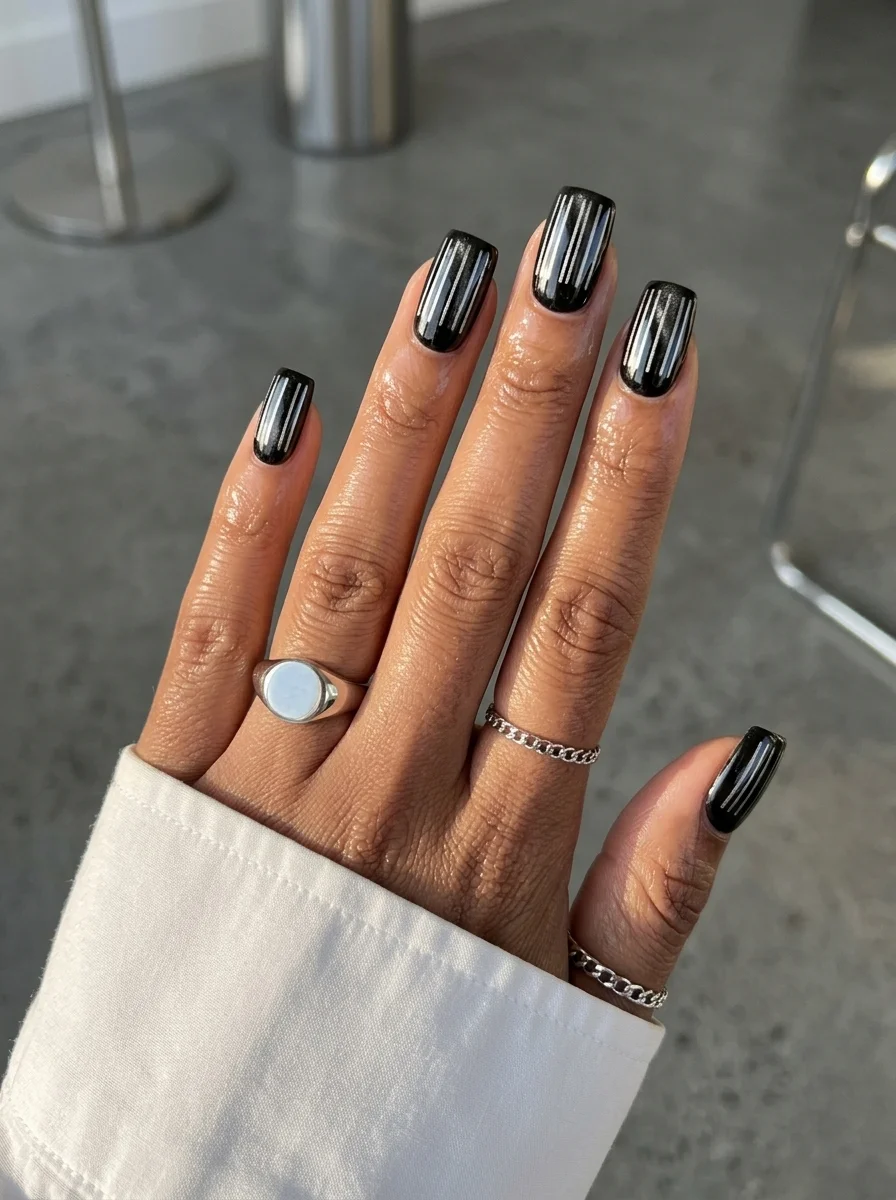 Coffin nails with black chrome finish and silver metallic vertical stripe details.