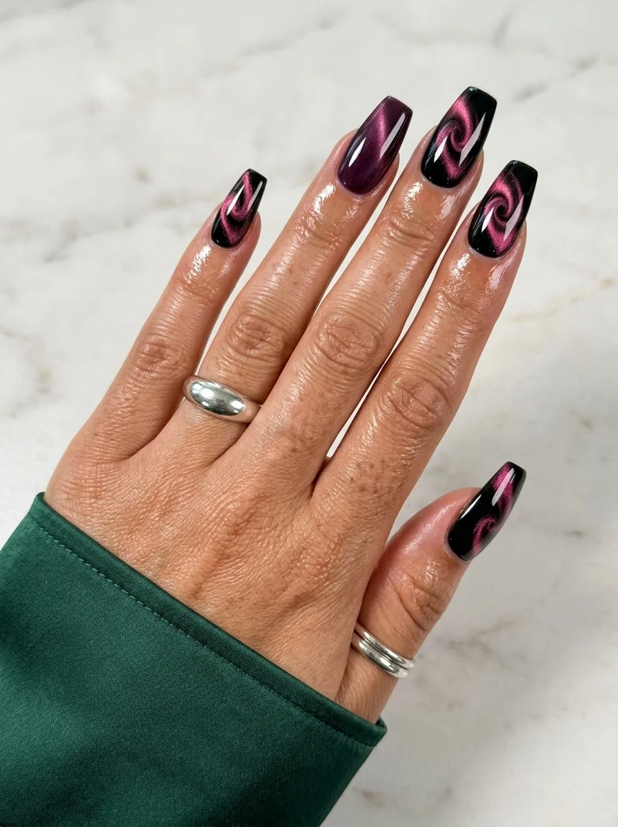 Long coffin nails with deep purple and black cat-eye polish creating dramatic swirl and rose patterns with magenta highlights.