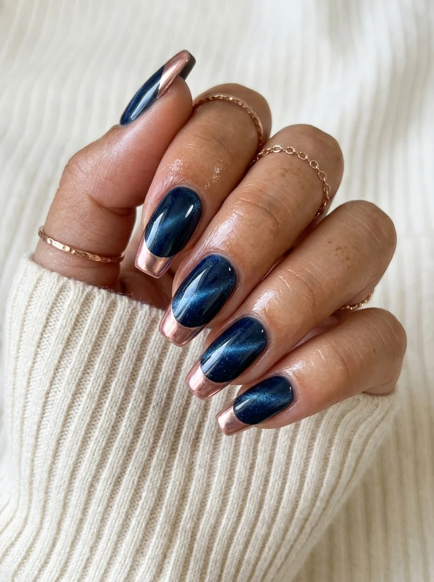 Almond nails with deep navy cat-eye polish and rose gold metallic French tips.