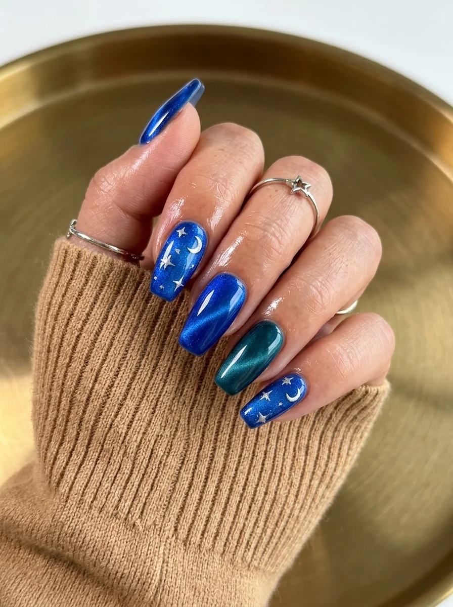 Coffin nails with vibrant blue cat-eye polish and hand-painted silver star and moon designs.