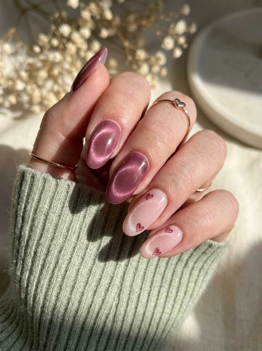 Almond nails with mauve cat-eye polish, and small heart accents on others.