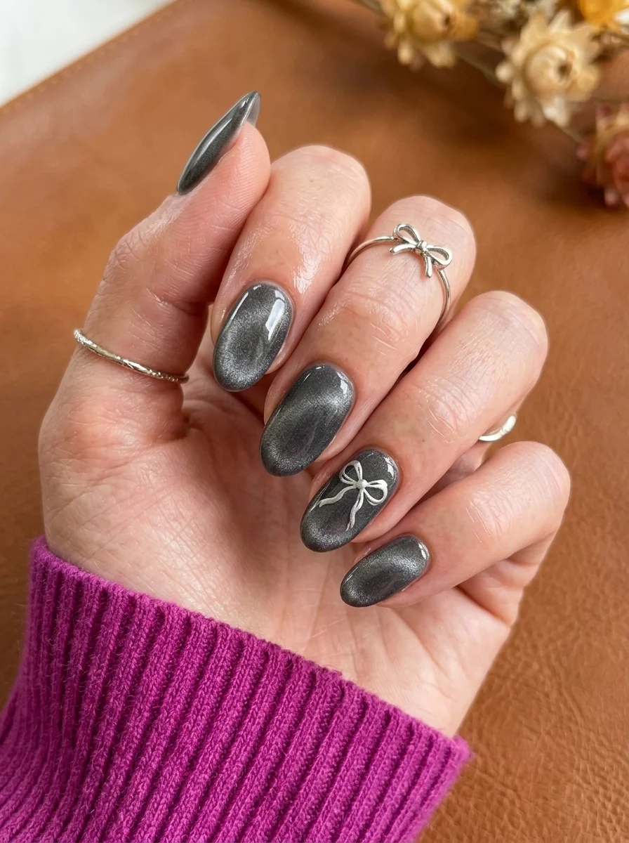 Almond nails with deep charcoal cat-eye polish and a silver hand-painted bow on the ring finger.