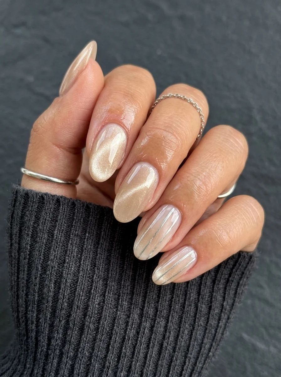 Almond nails with champagne cat-eye polish and thin silver metallic vertical stripes.