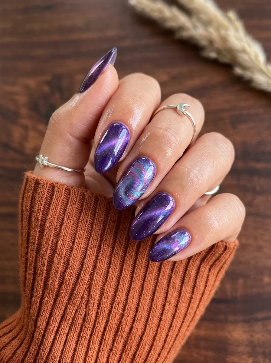 Almond nails with purple iridescent cat-eye polish that shifts between purple, pink, and blue.