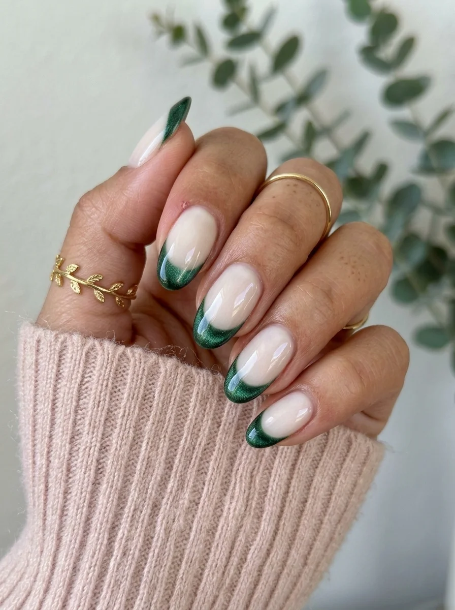 Medium almond nails with sheer nude base and deep emerald green glitter cat-eye French tips.