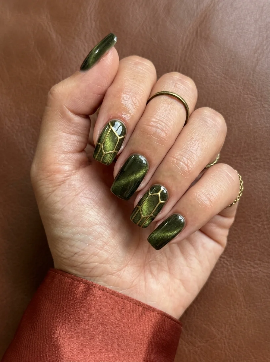 Coffin nails with olive green cat-eye polish and gold geometric line designs on accent nails.