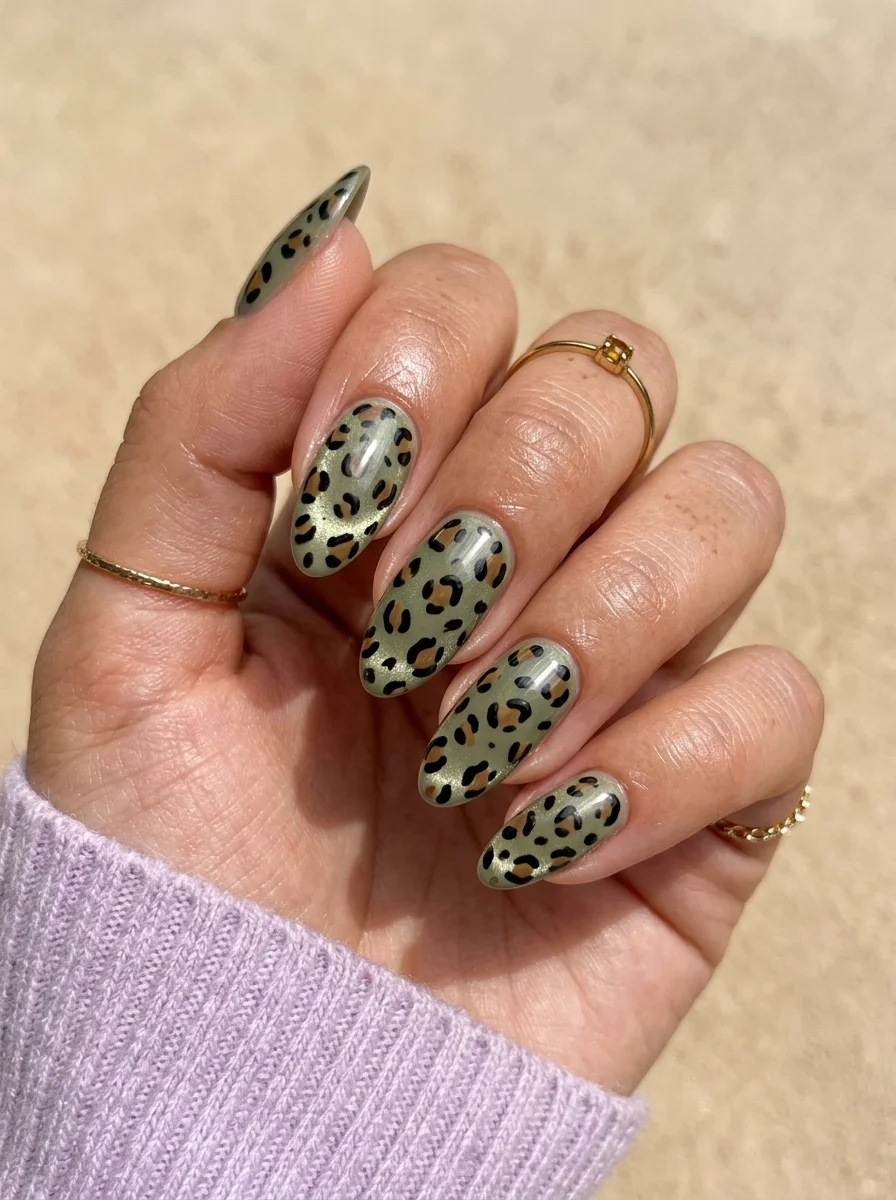 Almond nails with green cat-eye polish and hand-painted leopard print spots on accent nails.