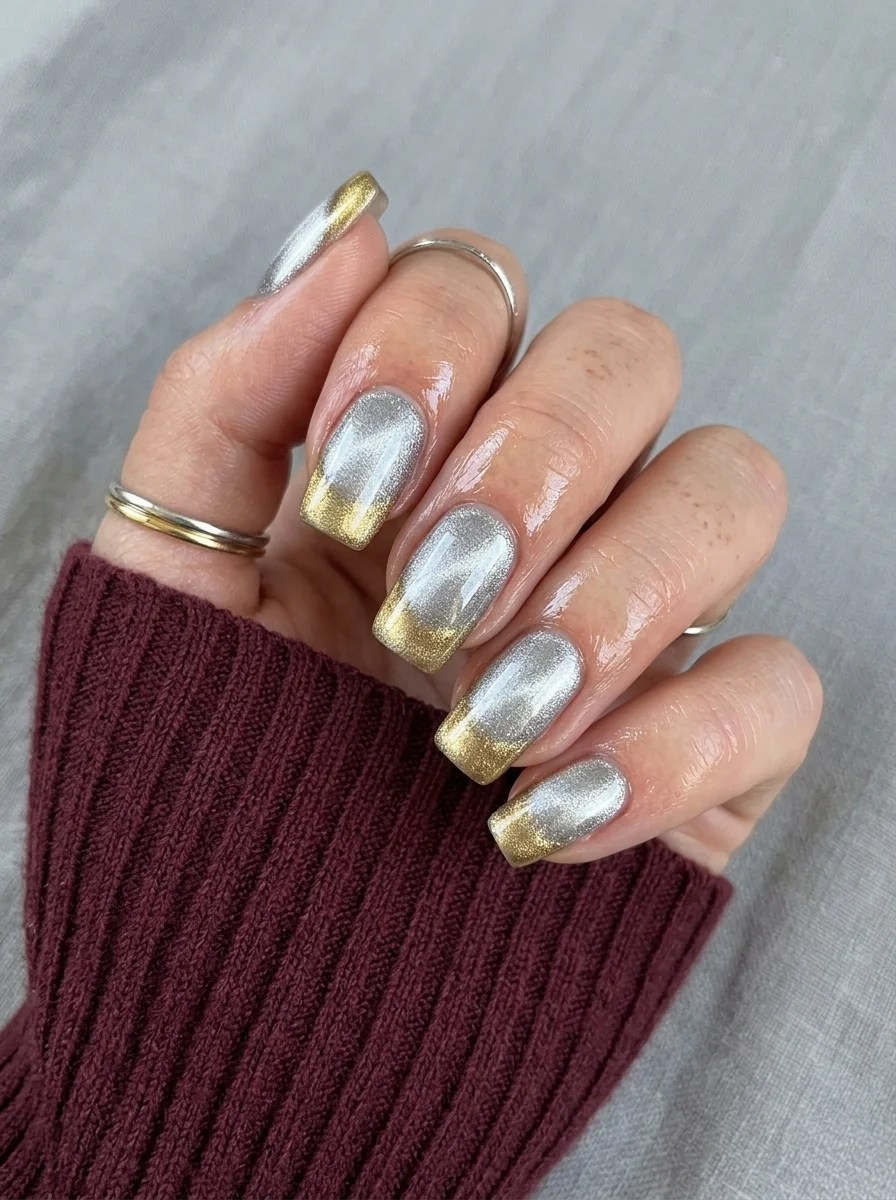 Coffin nails with a silver to gold chrome gradient that shifts between the two metallic tones.