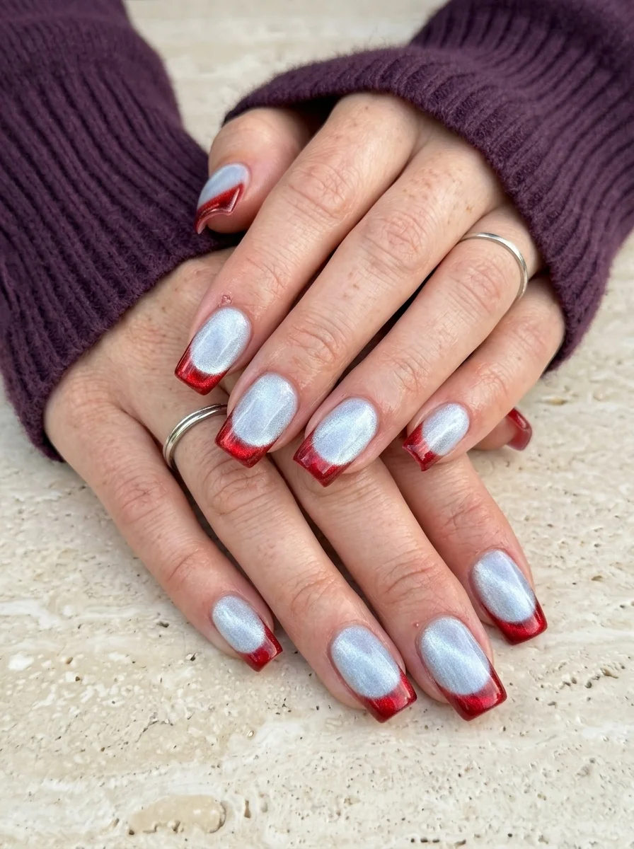 Short squoval nails with pearlescent silver cat-eye base and vibrant red French tips.