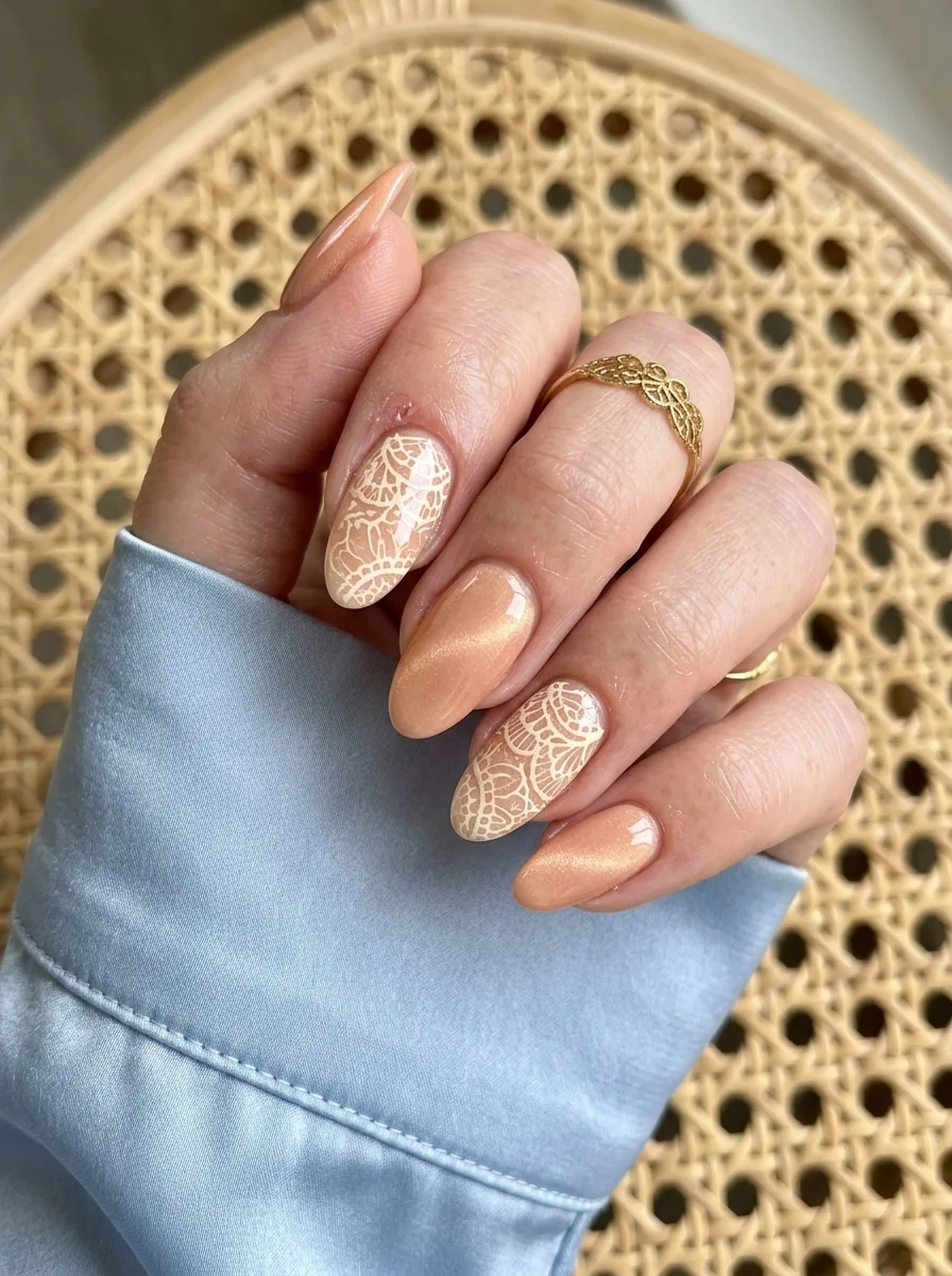Almond nails with warm peach cat-eye polish and intricate white lace designs on accent nails.