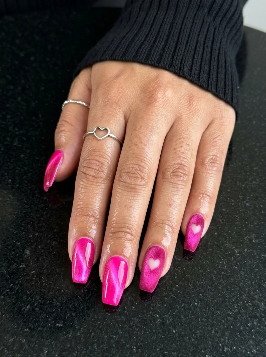 Coffin nails with vibrant hot pink cat-eye polish and white heart cutout designs on accent nails.