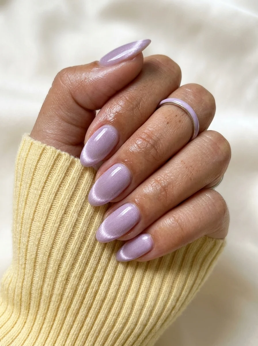 Almond nails with soft lavender cat-eye polish that shifts between purple and silver in the light.
