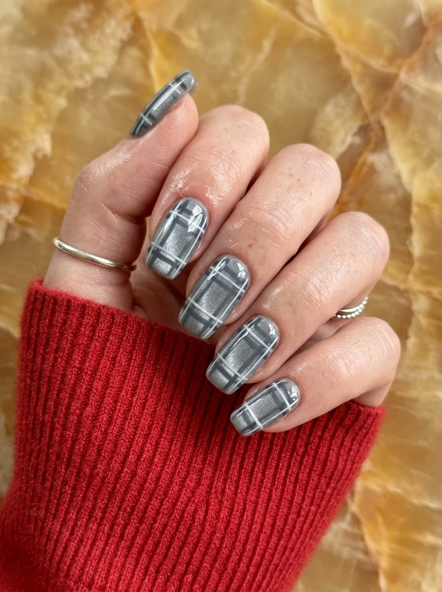 Coffin nails with grey cat-eye polish and white plaid/tartan pattern designs.
