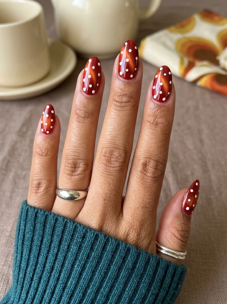 Almond nails with warm brown cat-eye polish and small white polka dots scattered across each nail.