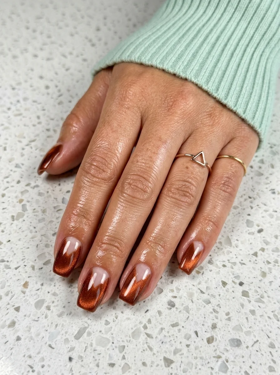 Almond nails with nude base and bronze cat-eye French tips that shift between copper and brown.