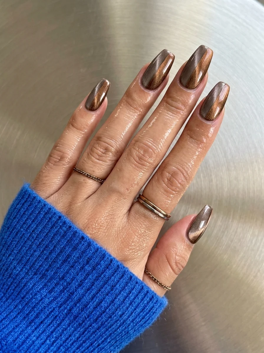 Long coffin nails with warm bronze-brown cat-eye polish that shifts between copper and deep brown.