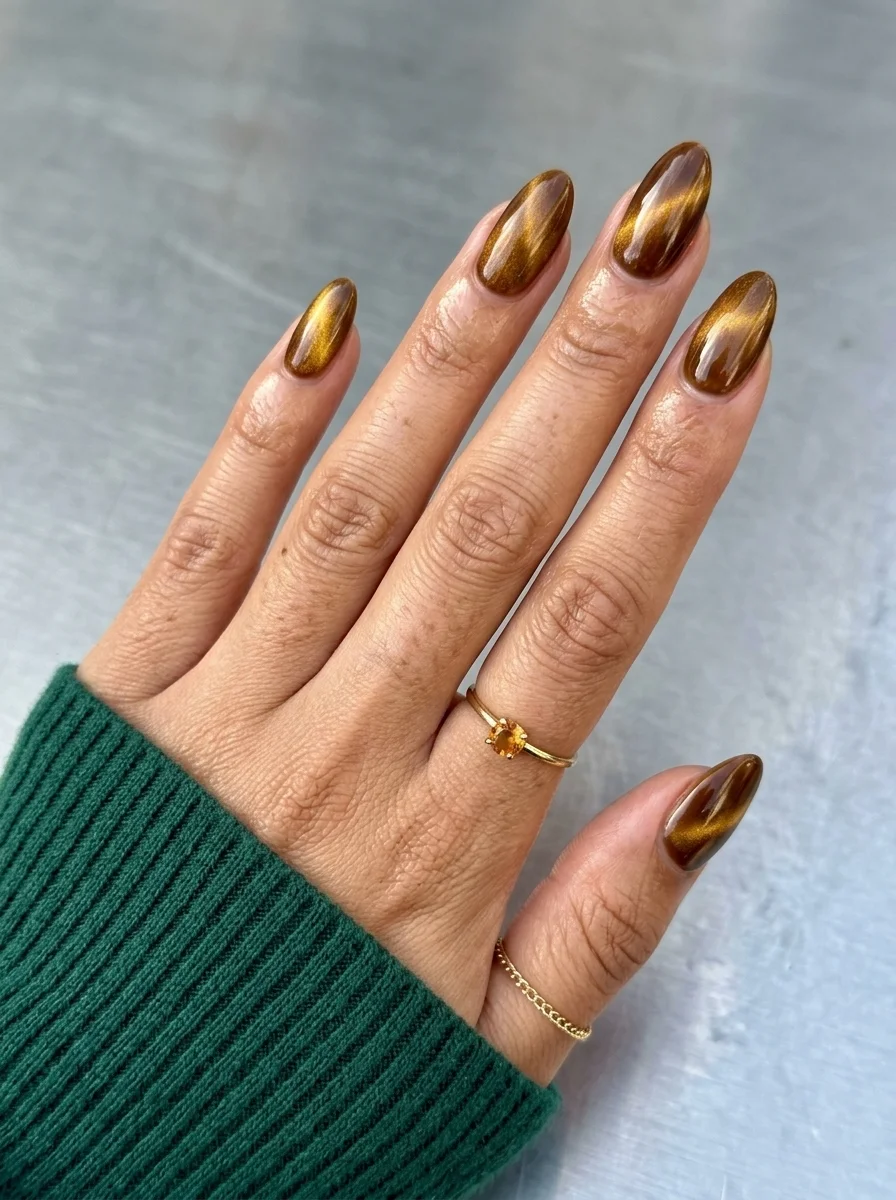 Medium almond nails with warm gold-brown cat-eye polish that shifts between golden amber and deep chocolate.
