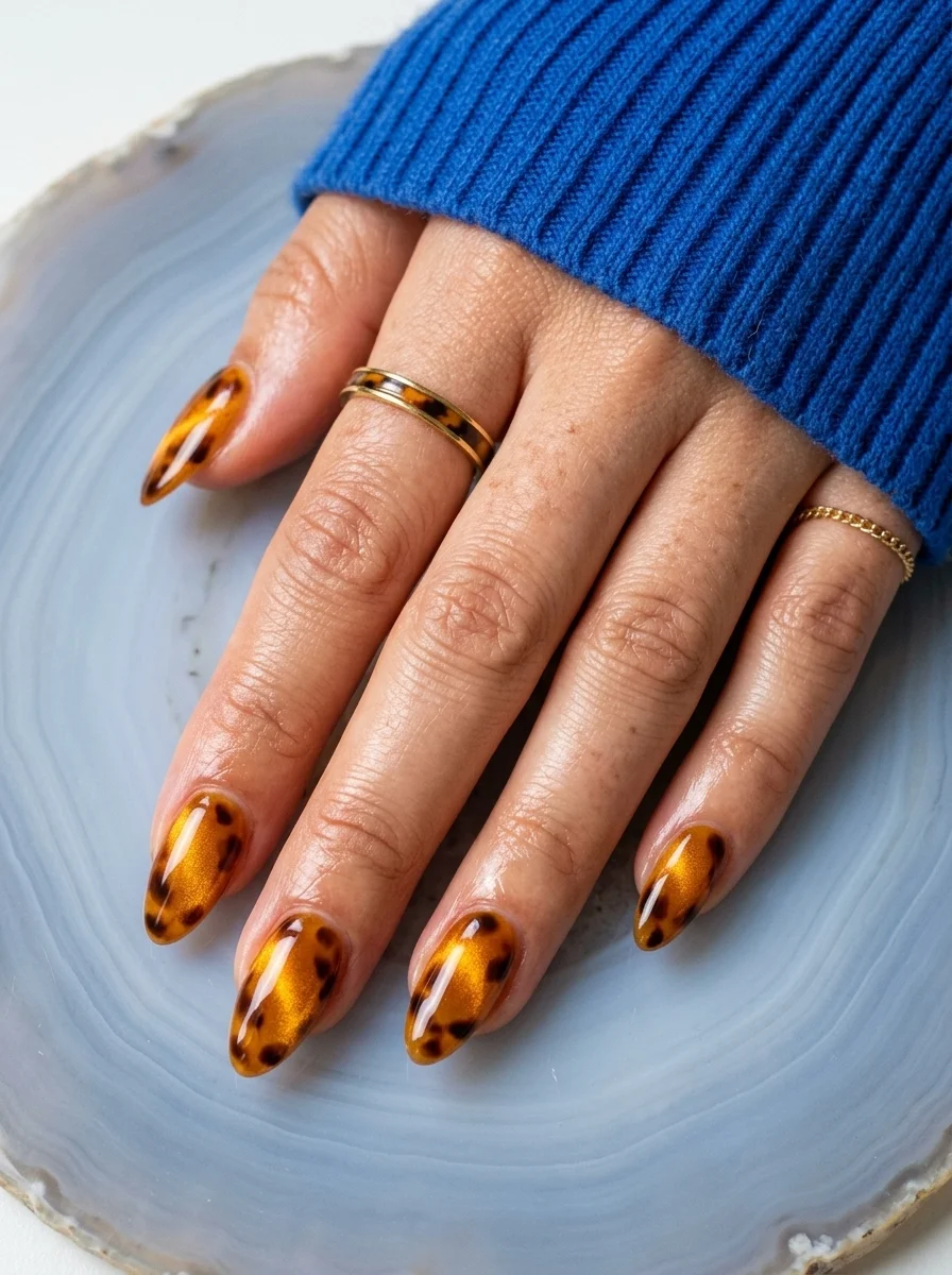 Almond nails with a warm tortoiseshell pattern created using amber and brown cat-eye polish.