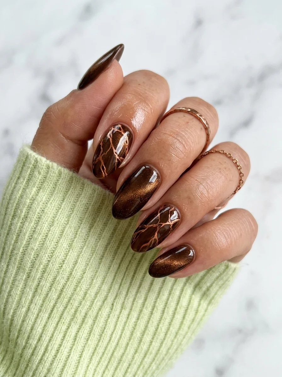 Almond nails with deep brown cat-eye polish and hand-painted copper geometric line designs on accent nails.