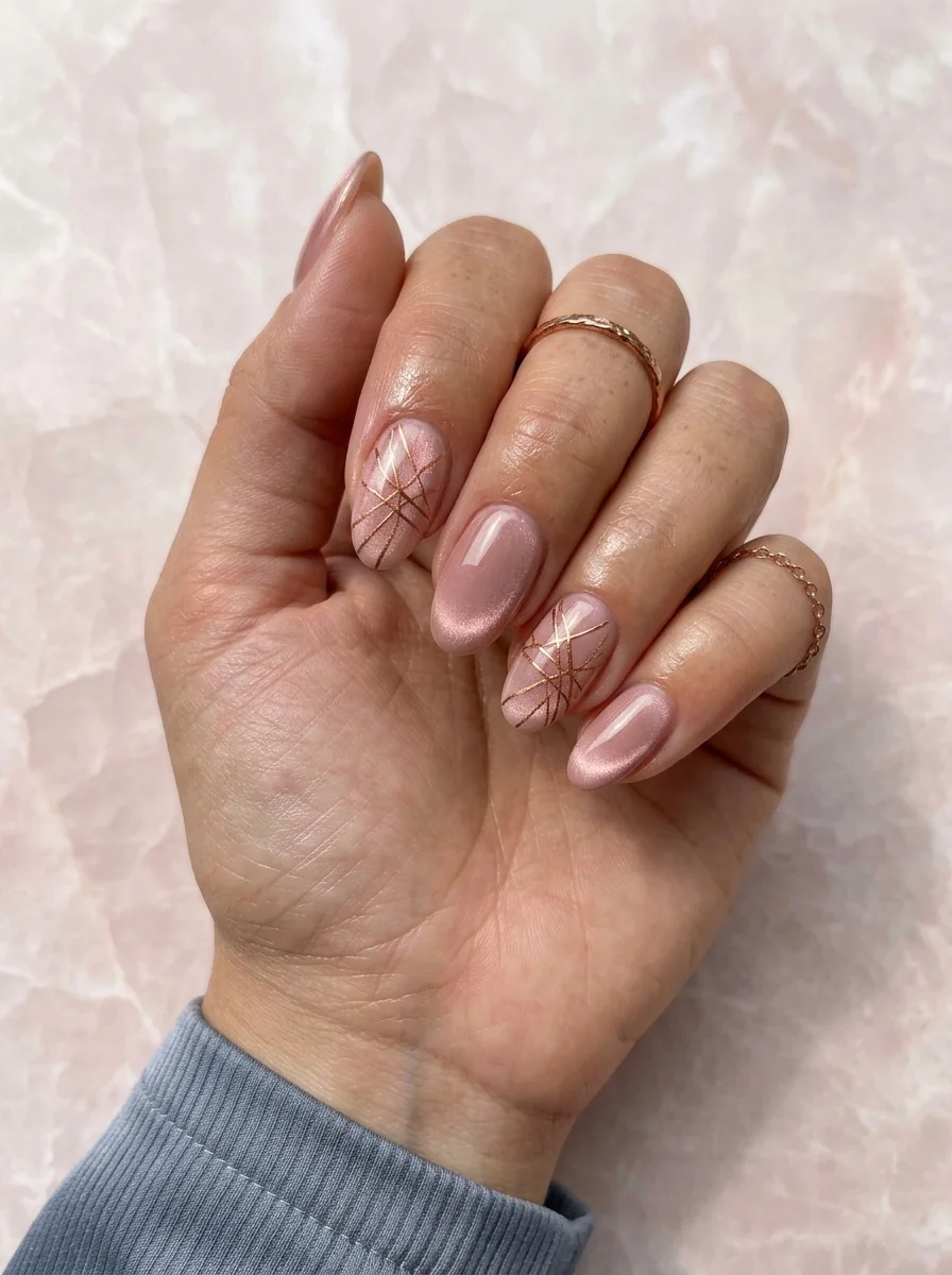 Almond nails with soft rose gold cat-eye polish and hand-painted rose gold geometric lines on accent nails.