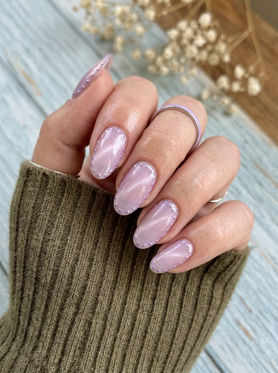 Almond nails with lavender cat-eye polish and tiny white pearl dots framing the edges of each nail.