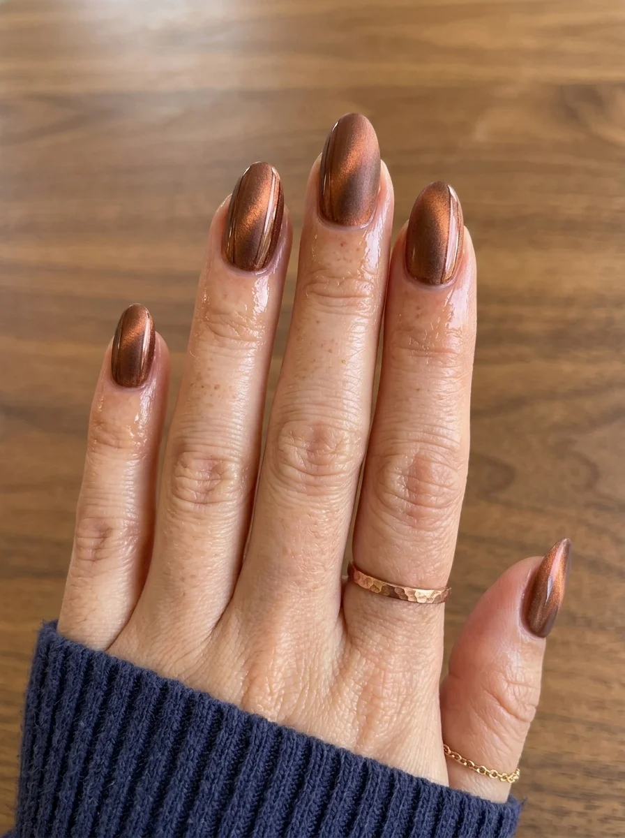 Almond nails with rich bronze cat-eye polish that creates a warm, metallic streak in the light.