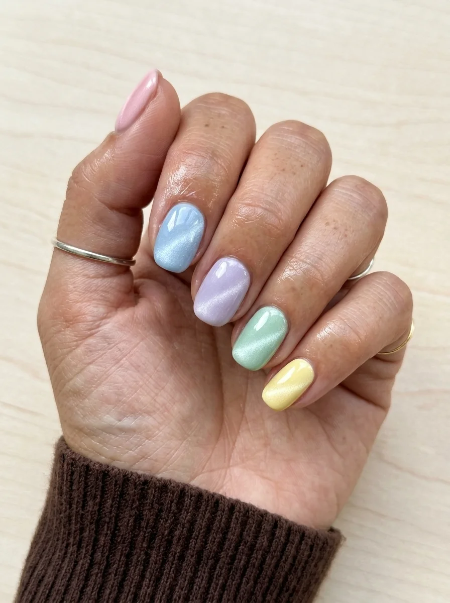 Short almond nails with different pastel cat-eye colors on each nail: pink, blue, lavender, mint, and yellow.