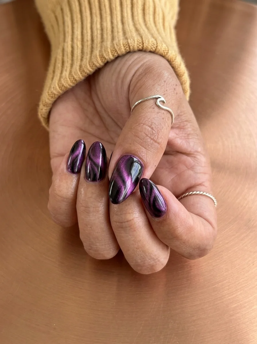 Medium almond nails with deep purple and black cat-eye polish creating dramatic swirl patterns with magenta highlights.